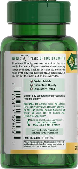 Nature's Bounty Vitamina B-12, 1000 mcg, 200 comprimidos recubiertos