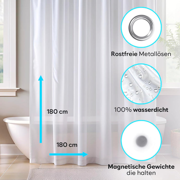 ZENO Cortina de ducha 3G transparente, impermeable, inoxidable, con ojales, 180 x 180 cm