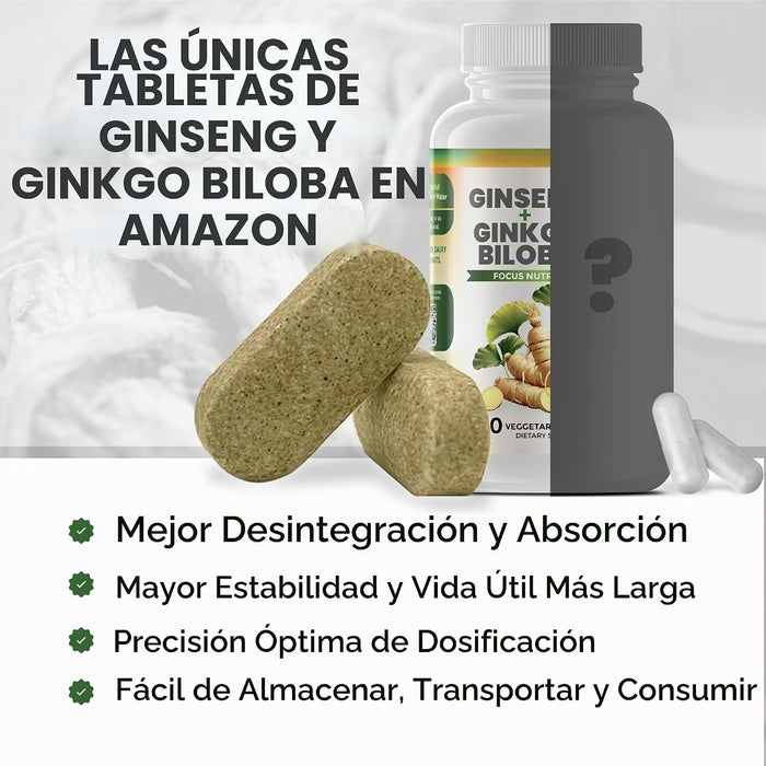 GreeNatr Suplemento de ginko biloba y panax ginseng - Suplemento cerebral de ginseng rojo 120 tabletas