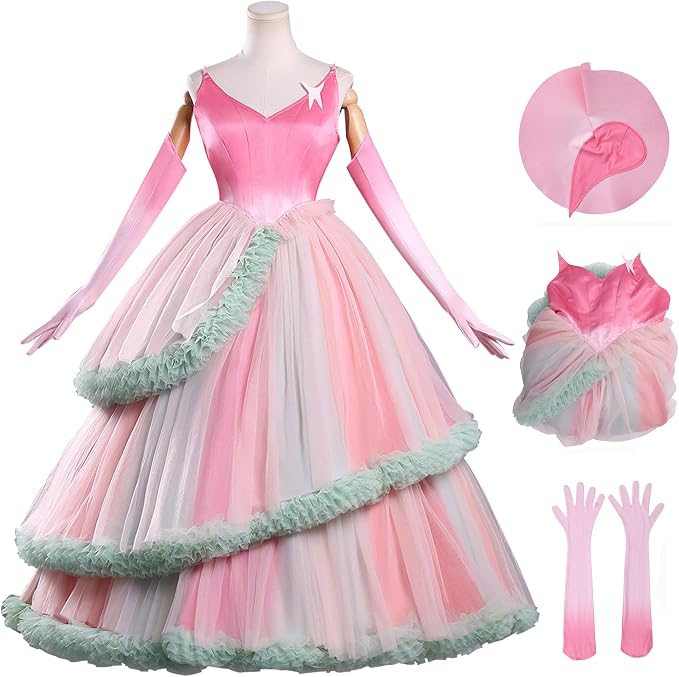 ‌Disfraz Mujer Cosplay Hada Glinda Rosa Lujo Largo Brillante Vestido de Noche con Tocado Guantes