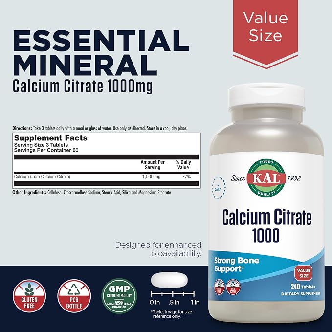 KAL Citrato de calcio 1000 mg, suplementos de calcio para mujeres y hombres
