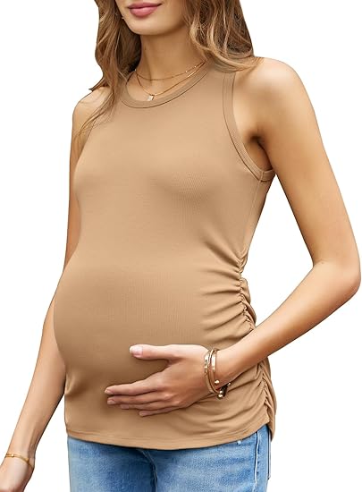 Camiseta sin mangas de maternidad para mujer de cuello redondo y punto acanalado