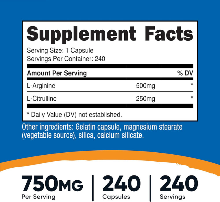 Nutricost L-Arginina L-Citrulina Complejo 750mg, 240 Cápsulas - Sin OGM