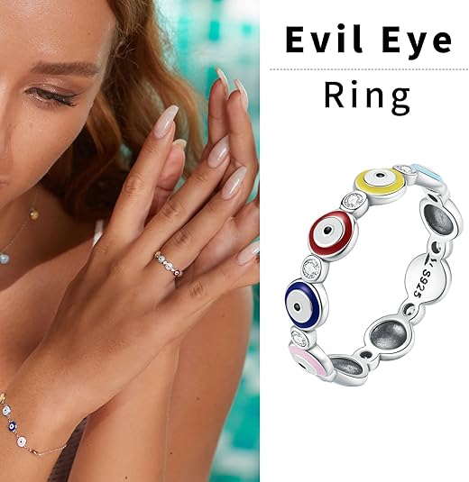 Shein Anillo de mal de ojo para mujer, plata de ley 925, Hamsa, mal de ojo, esmaltado