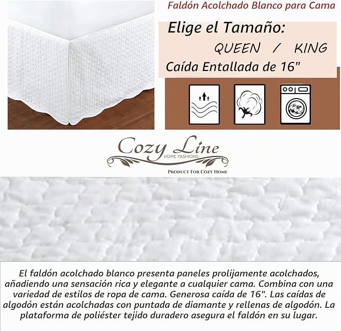 Falda de cama acolchada blanca Matelasse a medida con caída de 16 pulgadas (King)