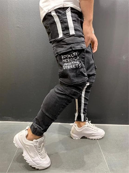 Pantalones de mezclilla estilo motero para hombre, ajustados tipo lápiz con detalle de bolsillo