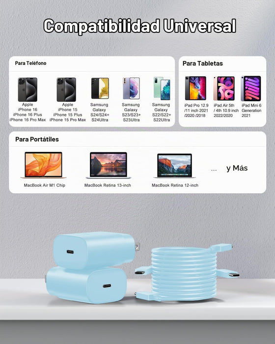 Cargador tipo C de carga rápida, paquete de 2 [10 pies y 6 pies] de cable USB C largo con bloque de cargador
