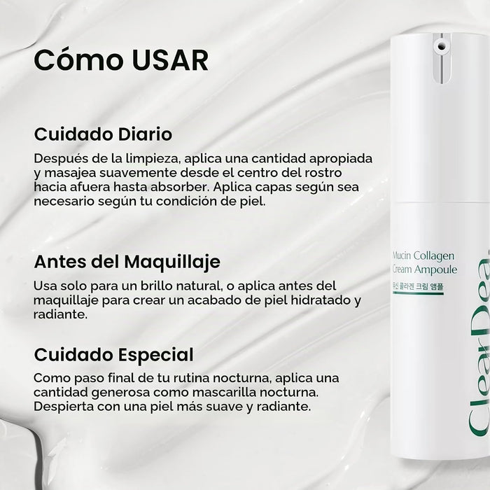 ClearDea Mucina de Colágeno Ampolleta Hidratante Crema Facial (Doble Colágeno + Cuidado de Mucina)