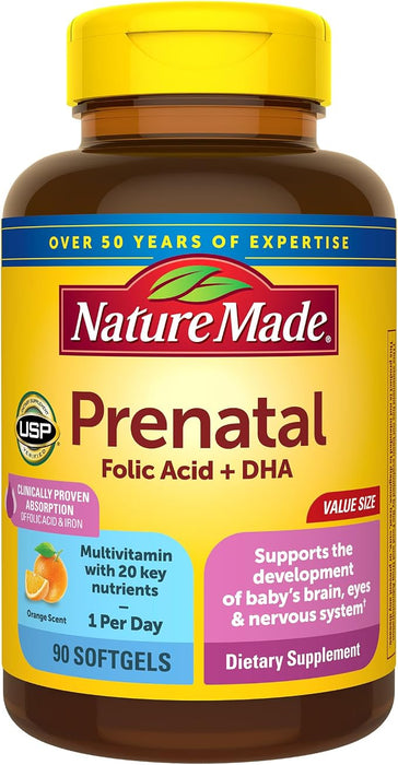 Nature Made Vitaminas prenatales para mujeres con ácido fólico + DHA, 90 cápsulas blandas