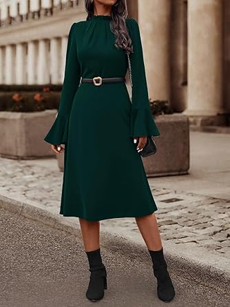 Shein Vestidos de mujer con mangas con volantes y cuello alto falso sin cinturón