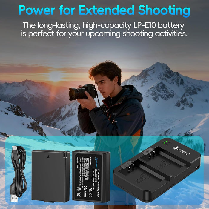 Paquete de 2 baterías LP-E10 Artman y cargador USB dual para cámaras digitales Canon EOS Rebel