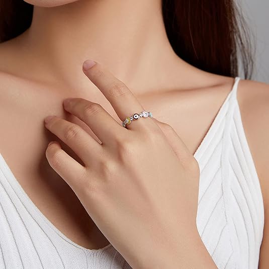 Shein Anillo de mal de ojo para mujer, plata de ley 925, Hamsa, mal de ojo, esmaltado