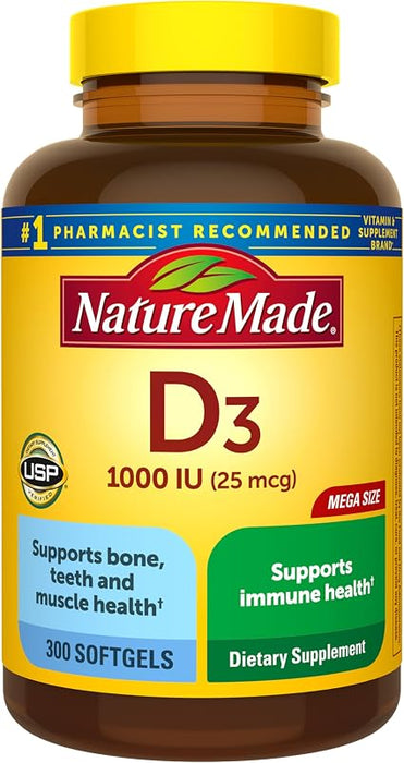 Vitamina D3 Nature Made 1000 UI (25 mcg), 300 cápsulas blandas de vitamina D