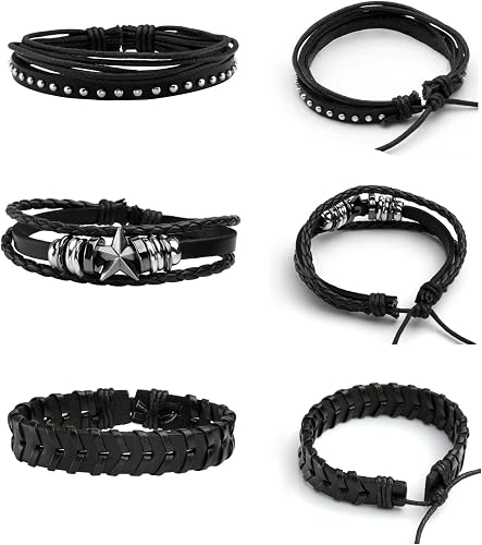 MILAKOO 6 pulseras de cuero punk unisex, pulseras trenzadas de poliuretano con calavera y esqueleto