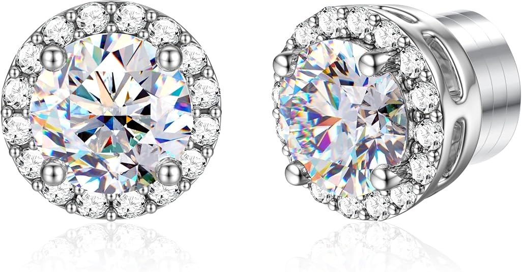 Aretes Magnéticos de Moissanita para Hombres: Chapado en Oro Blanco 18K