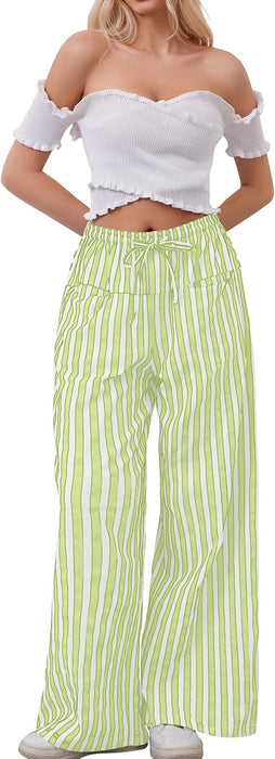 Pantalones casuales con cordón a rayas y pierna ancha para mujer