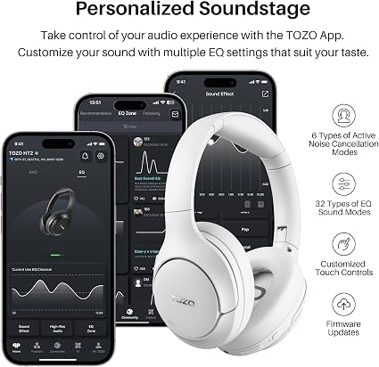 Auriculares híbridos con cancelación activa de ruido TOZO, audio de alta resolución