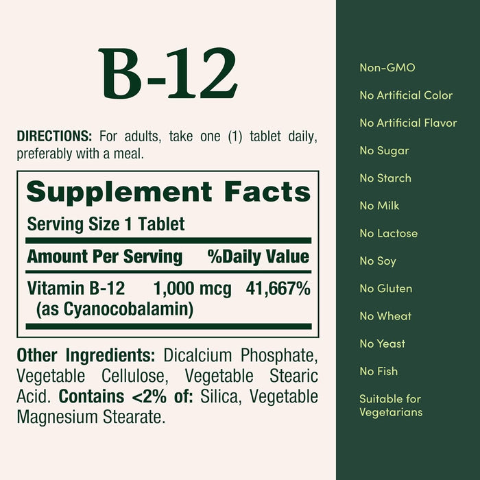 Nature's Bounty Vitamina B-12, 1000 mcg, 200 comprimidos recubiertos