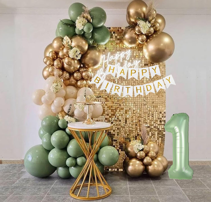 Decoración de Primer año Verde Salvia Para Niños, Verde Oliva Y Cartel De Feliz Cumpleaños