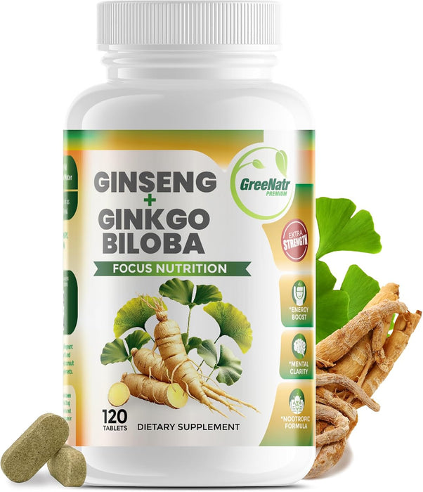 GreeNatr Suplemento de ginko biloba y panax ginseng - Suplemento cerebral de ginseng rojo 120 tabletas