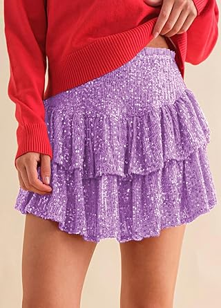 Minifalda de lentejuelas brillantes para mujer, cintura alta, acampanada.