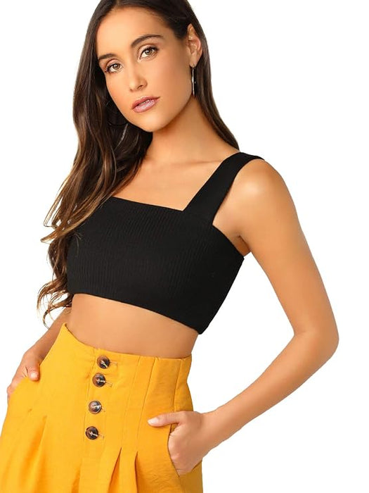 SHEIN Camiseta sin mangas corta de punto acanalado con tirantes gruesos para mujer