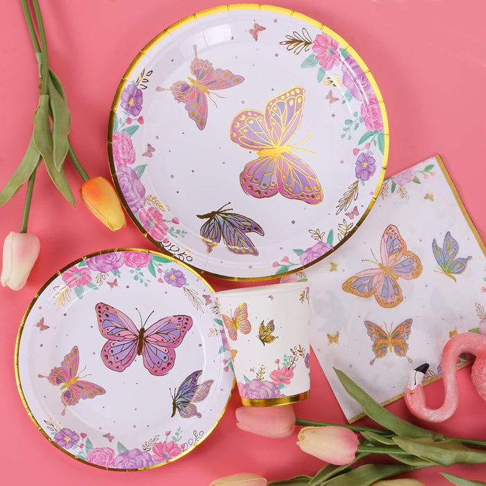 Suministros para fiestas de mariposas: platos, vasos, servilletas, tenedores y decoraciones para 24 invitados