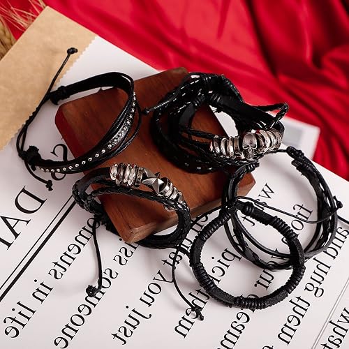 MILAKOO 6 pulseras de cuero punk unisex, pulseras trenzadas de poliuretano con calavera y esqueleto
