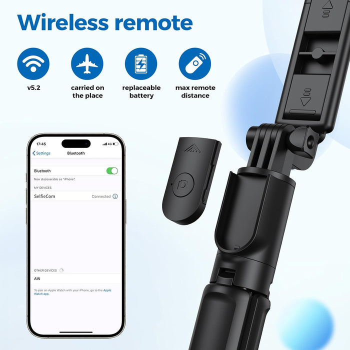 Trípode para selfie retráctil con control remoto inalámbrico para fotografía