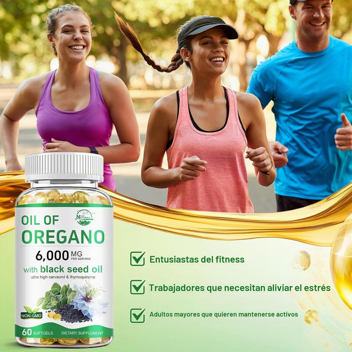 Aceite de orégano vivo de la naturaleza con aceite de semilla negra, 60 capsulas blandas