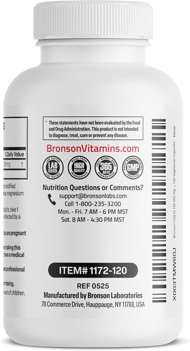 Bronson CoQ10 100 mg (Ubiquinona), Alta Potencia, 120 Cápsulas Vegetarianas