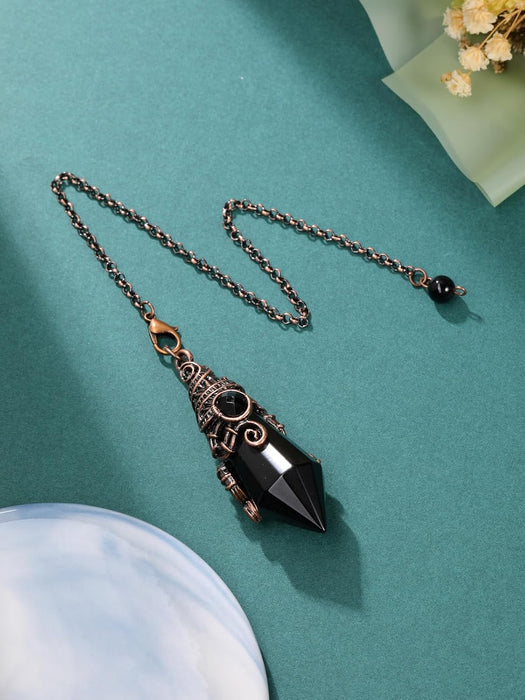 PESOENTH Péndulo de cristal de obsidiana negra, metal y bronce, piedra preciosa hexagonal para mujeres