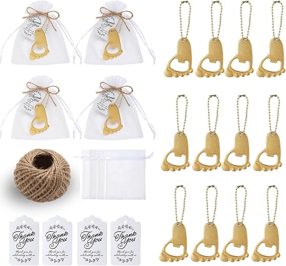 50 llaveros con huellas de bebé y abrebotellas para fiestas, con bolsa de organza (dorado)