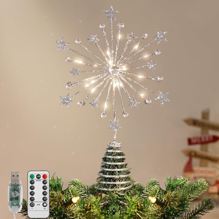 Lewondr Punta de árbol de Navidad de metal de 13 pulgadas, estrella con 20 luces LED plateado