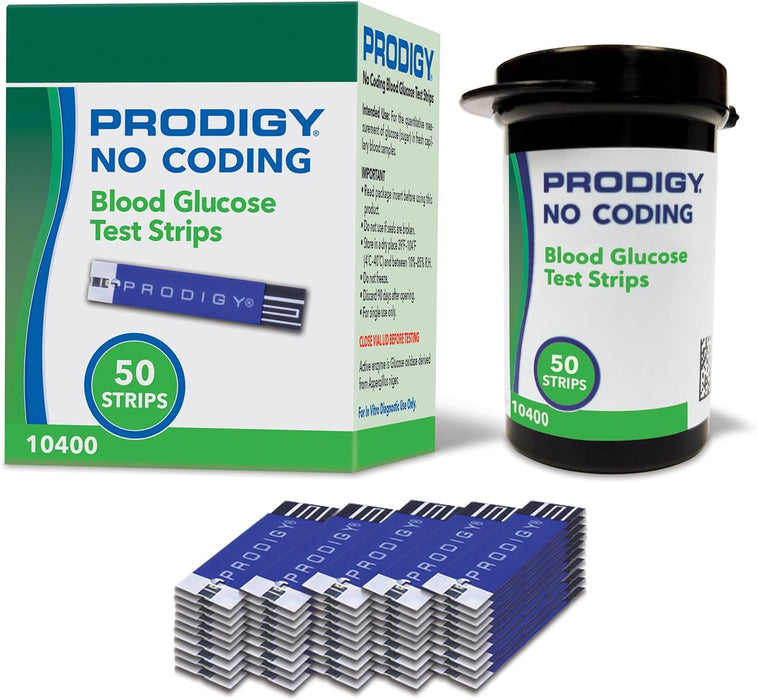 PRODIGY 10400 Tiras de prueba de glucosa en sangre sin codificación para diabetes, caja de 50 tiras