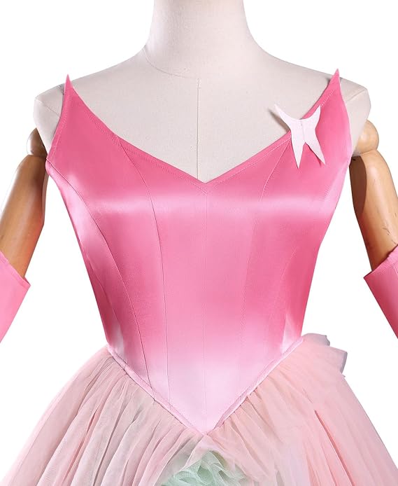 ‌Disfraz Mujer Cosplay Hada Glinda Rosa Lujo Largo Brillante Vestido de Noche con Tocado Guantes