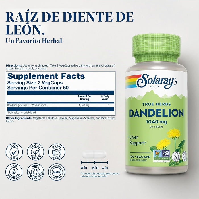 SOLARAY Suplemento de hierbas de raíz de diente de león, utilizado tradicionalmente, 100 cápsulas vegetales