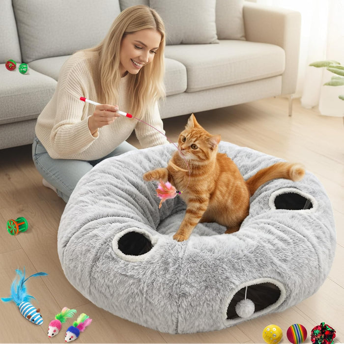 Túneles de gato de 4 agujeros para gatos de interior de felpa en forma de dona color gris