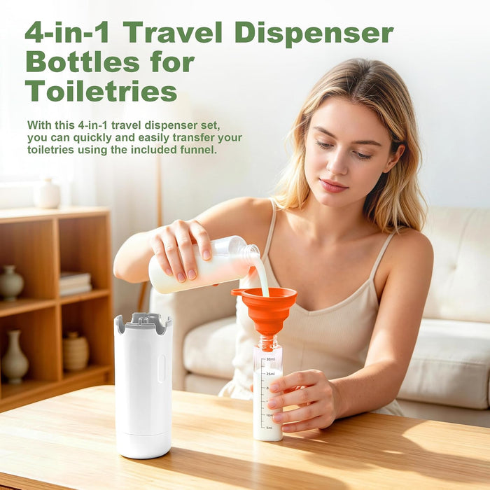 Dispensador de viaje 4 en 1, botellas de champú y acondicionador de viaje recargables a prueba de fugas