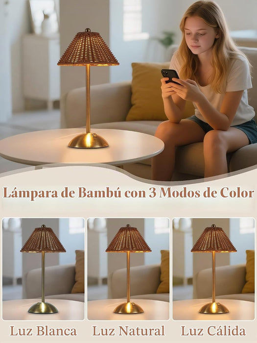 Lámpara de ratán boho inalámbrica, luz de lectura táctil recargable LED