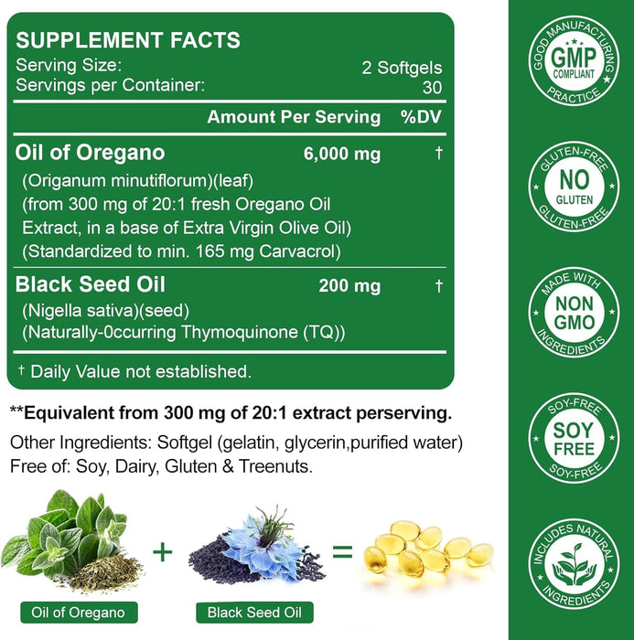 Aceite de orégano vivo de la naturaleza con aceite de semilla negra, 60 capsulas blandas