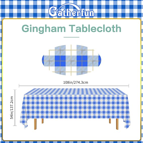 Gatherfun Juego de 3 manteles a cuadros vichy azules y blancos de 54 x 108 pulgadas, desechables e impermeables