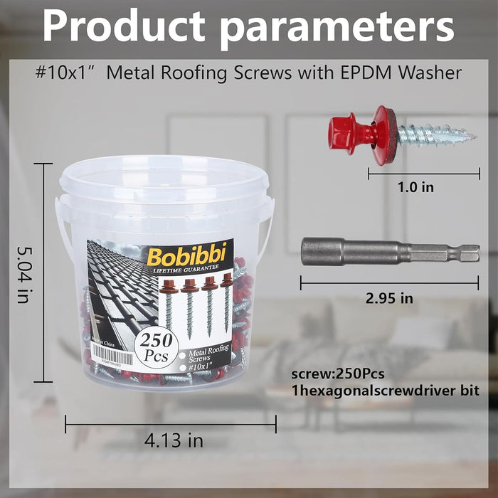 Tornillos para techos metálicos de 10 x 1 pulgada, tornillos rojos de cabeza hexagonal (250pcs)