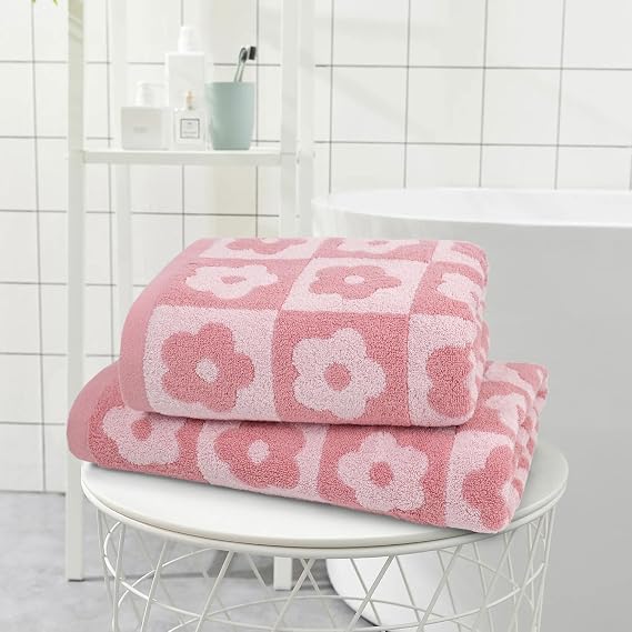 Toallas de baño de lujo de 2 piezas con estampado floral a cuadros, toallas rosas para mujeres y niñas.