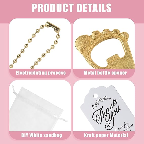 50 llaveros con huellas de bebé y abrebotellas para fiestas, con bolsa de organza (dorado)
