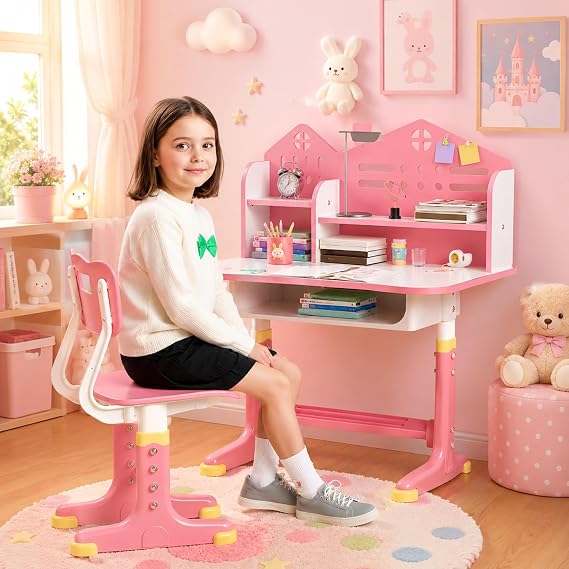 Escritorio para niños, conjunto de escritorio y silla para niños con altura ajustable para niñas