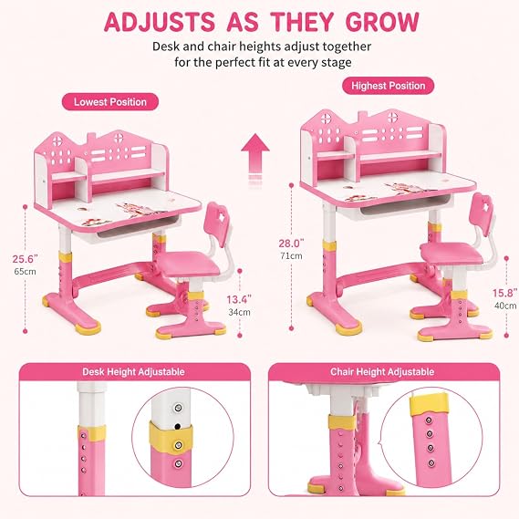 Escritorio para niños, conjunto de escritorio y silla para niños con altura ajustable para niñas