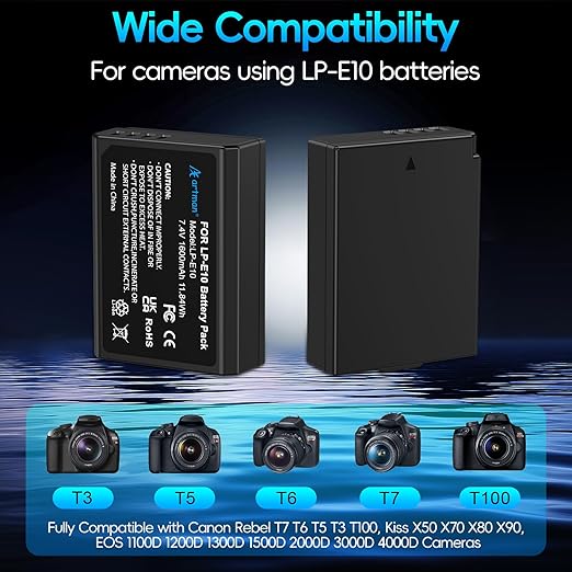 Paquete de 2 baterías LP-E10 Artman y cargador USB dual para cámaras digitales Canon EOS Rebel