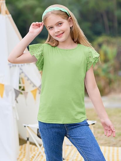 Imily Bela Camisas de manga con volantes para niñas de verano con cuello redondo y ojales
