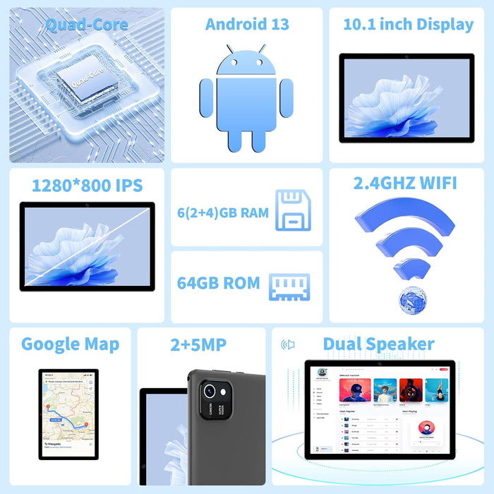Tablet 10.1 pulgadas Android 13, pantalla táctil IPS HD